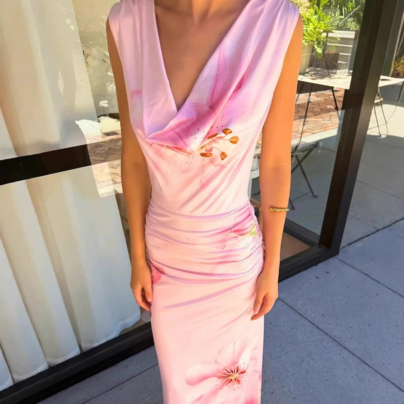 Elegant Floral Printed Pleated Maxi Dress With High Waist And V Neck Sleeveless