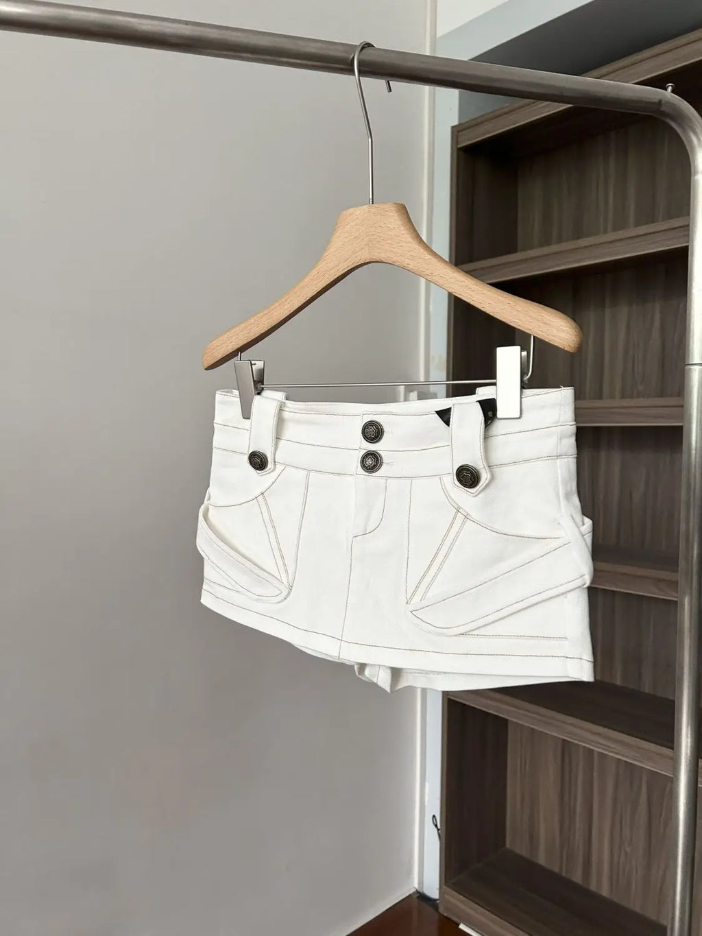 White Denim A Line Mini Skirt With Hip Wrap Cargo Pockets