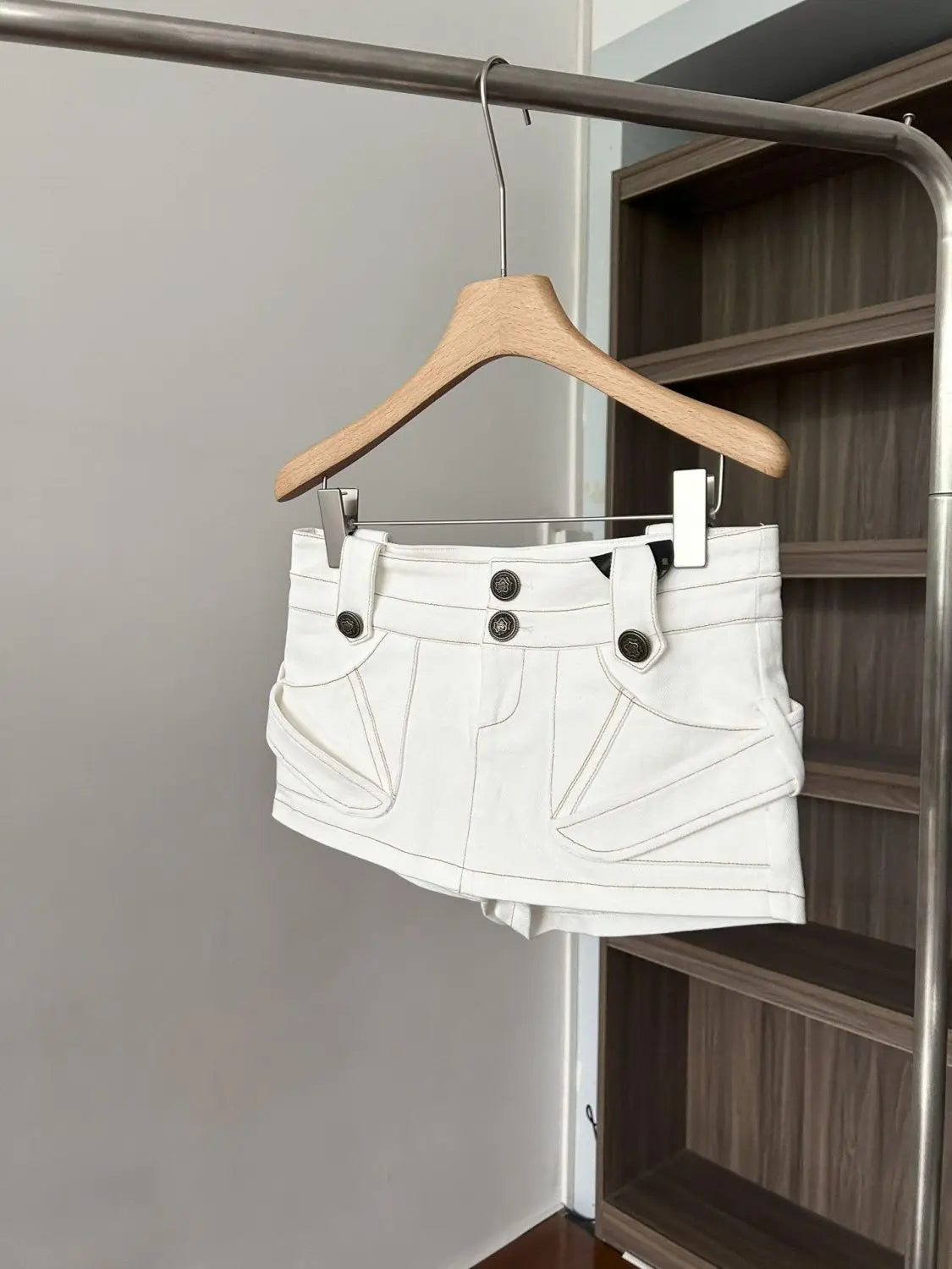 White Denim A Line Mini Skirt With Hip Wrap Cargo Pockets