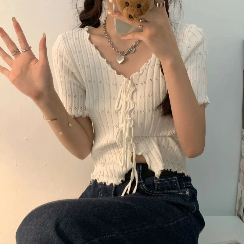 Soft Knit V Neck Cropped Ribbed Short Sleeve Tee