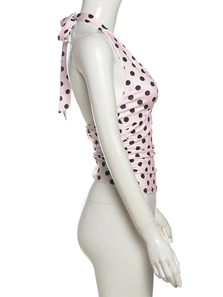 Polka Dot Halter Tank Top With Backless Lace Up Detail Chic Summer