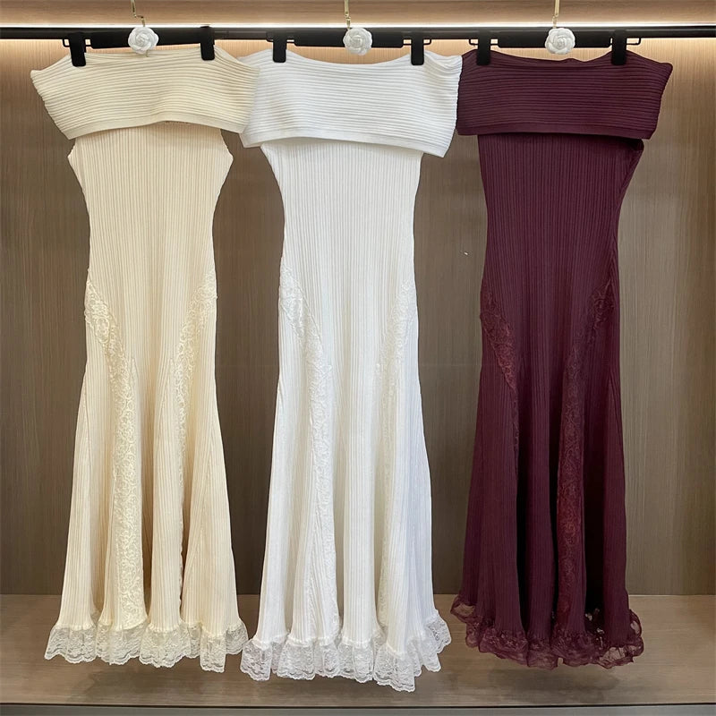 Chic Off-Shoulder Lace Dress And Knit Midi Set