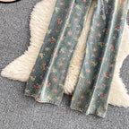 Floral Dream Denim Pants With Wide Leg Silhouette And High Waist
