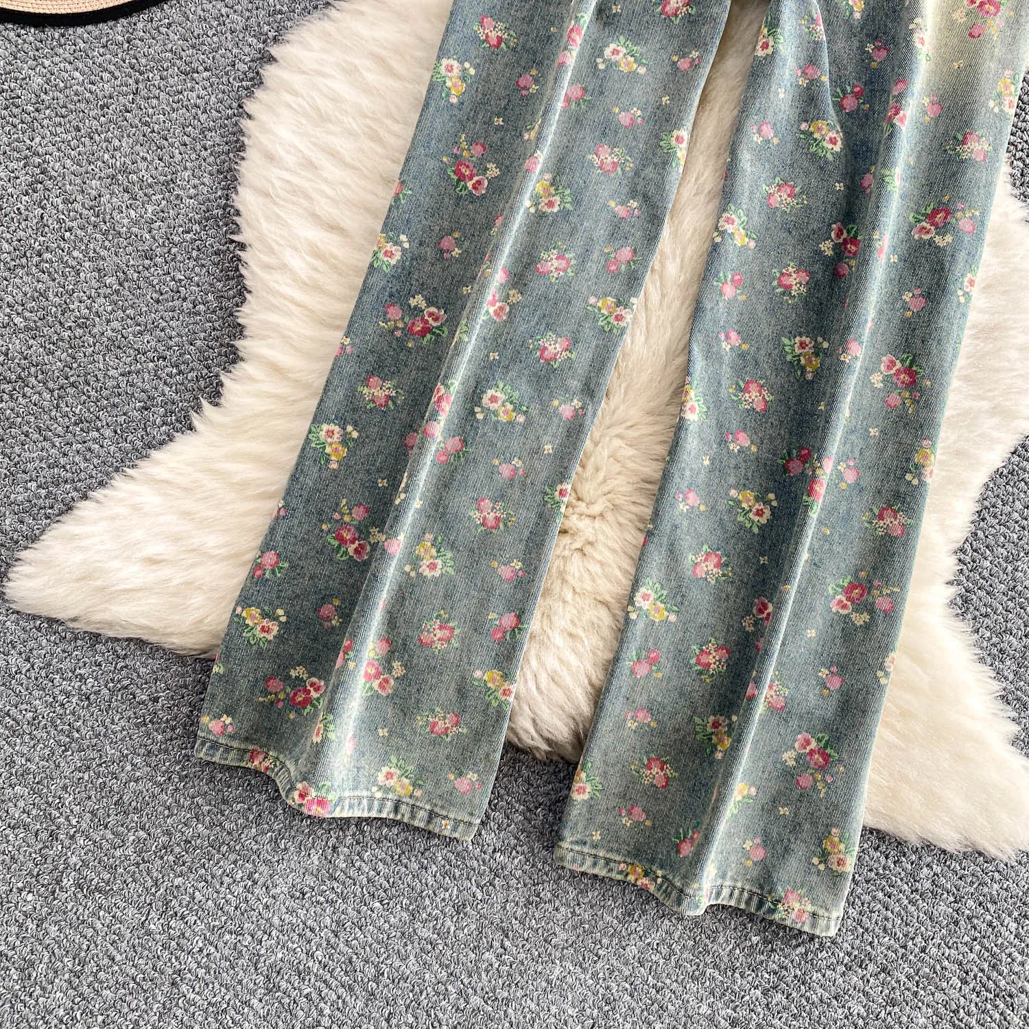 Floral Dream Denim Pants With Wide Leg Silhouette And High Waist