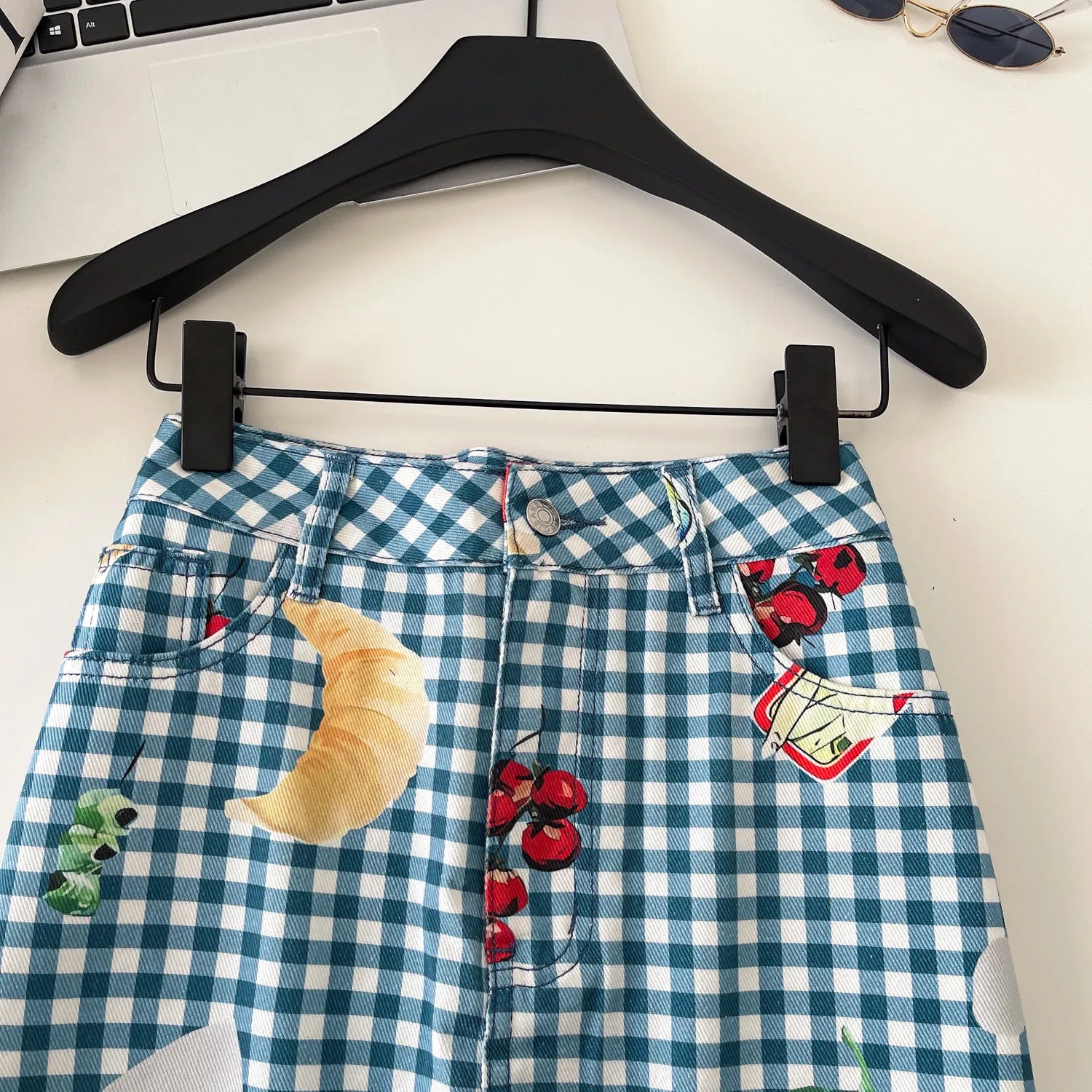 Retro Fruit Plaid Mini Skirt With Button Detail A Line