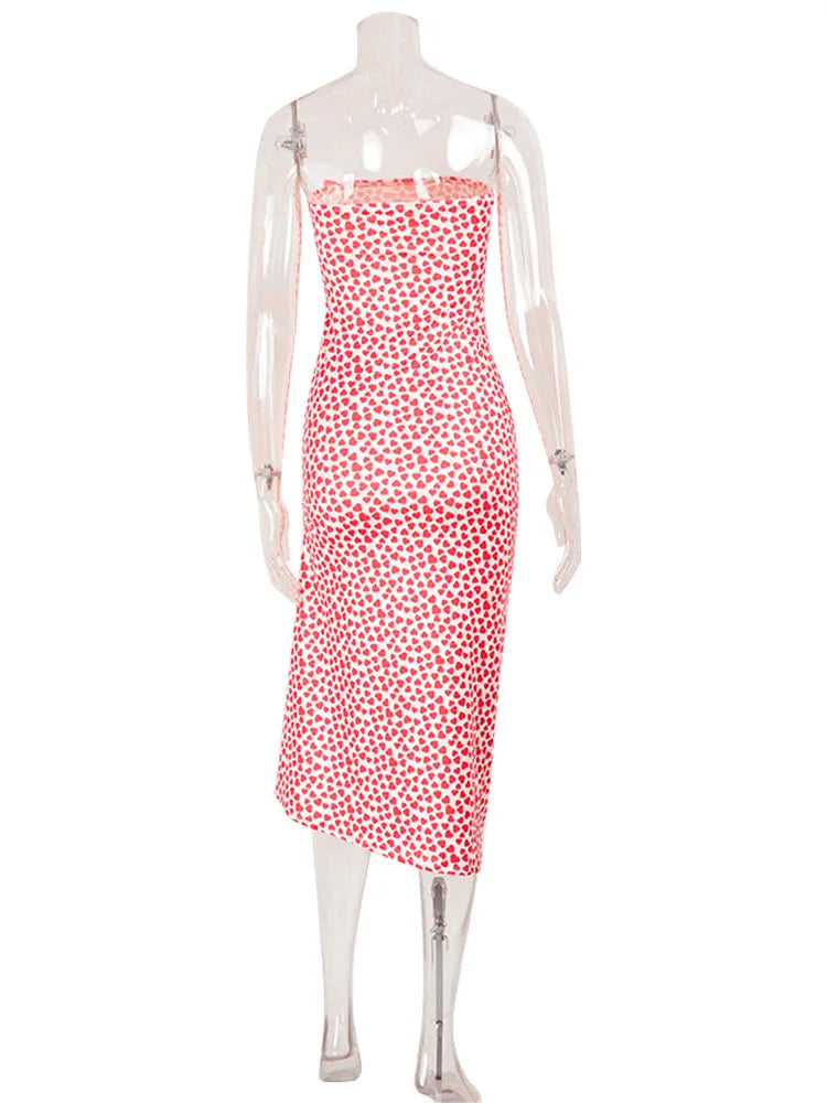 Heart Print Strapless Hip Wrap Sheath Dress