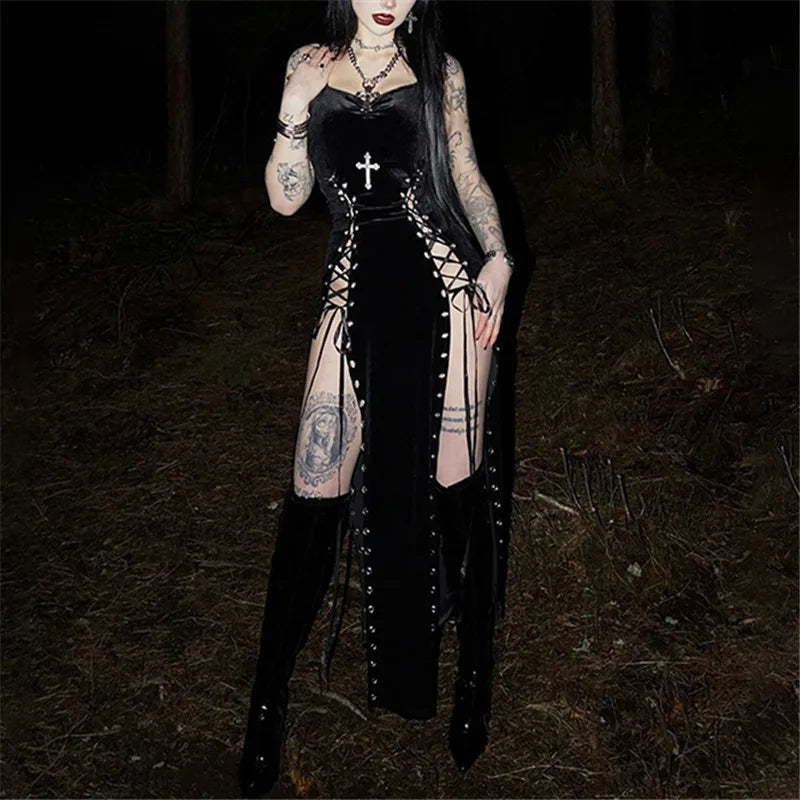 Velvet Gothic Gown With High Split Hem And Straps