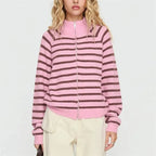 Cozy Striped Zip Up Cardigan With High Neck Knit