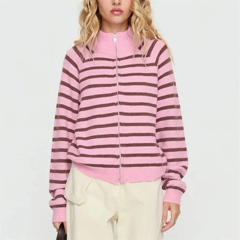 Cozy Striped Zip Up Cardigan With High Neck Knit