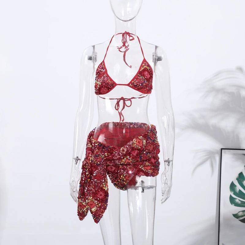 Beaded Sequin Two Piece Set Sleeveless Backless Crop Top And Mini Skirt Glam Outfit