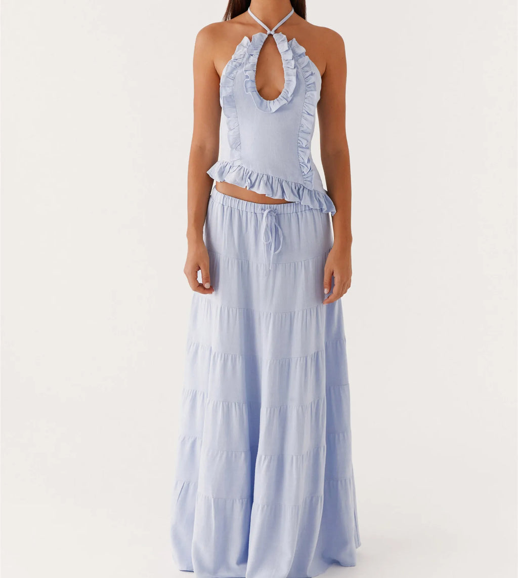Halter Crop Two Piece Maxi Skirt Set With Ruffle Tiered Flowing Silhouette