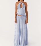 Halter Crop Two Piece Maxi Skirt Set With Ruffle Tiered Flowing Silhouette