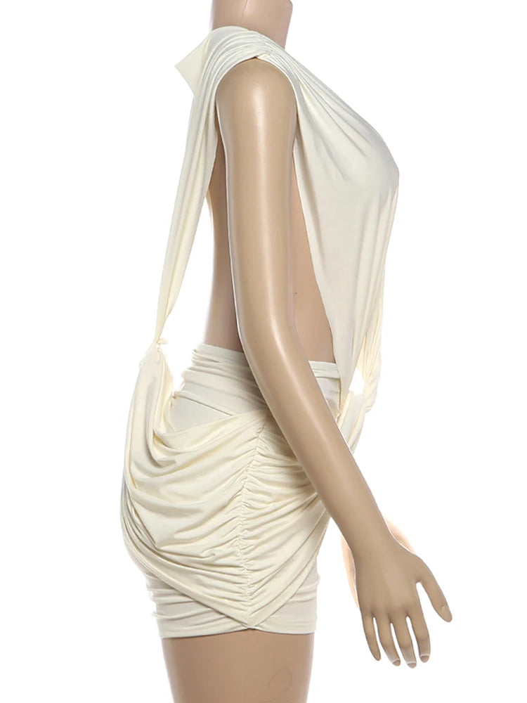 Patchwork Ruched Deep V Neck Sleeveless Backless Bodycon Dress