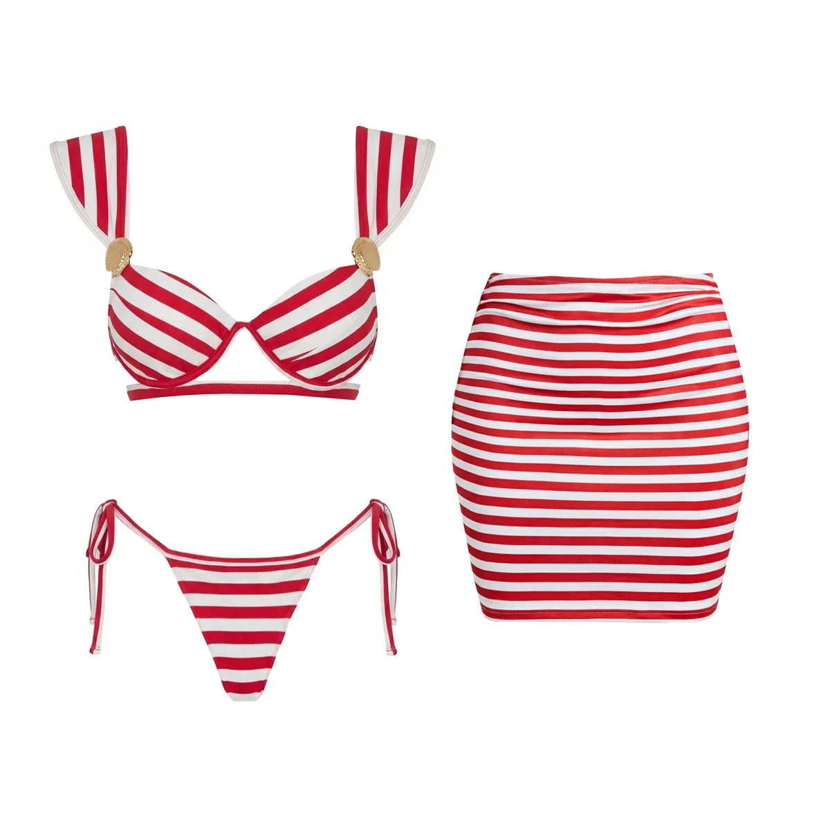 White Striped Two Piece Swimsuit With Halter Top And Long Skirt Beachwear For Summer Vacations