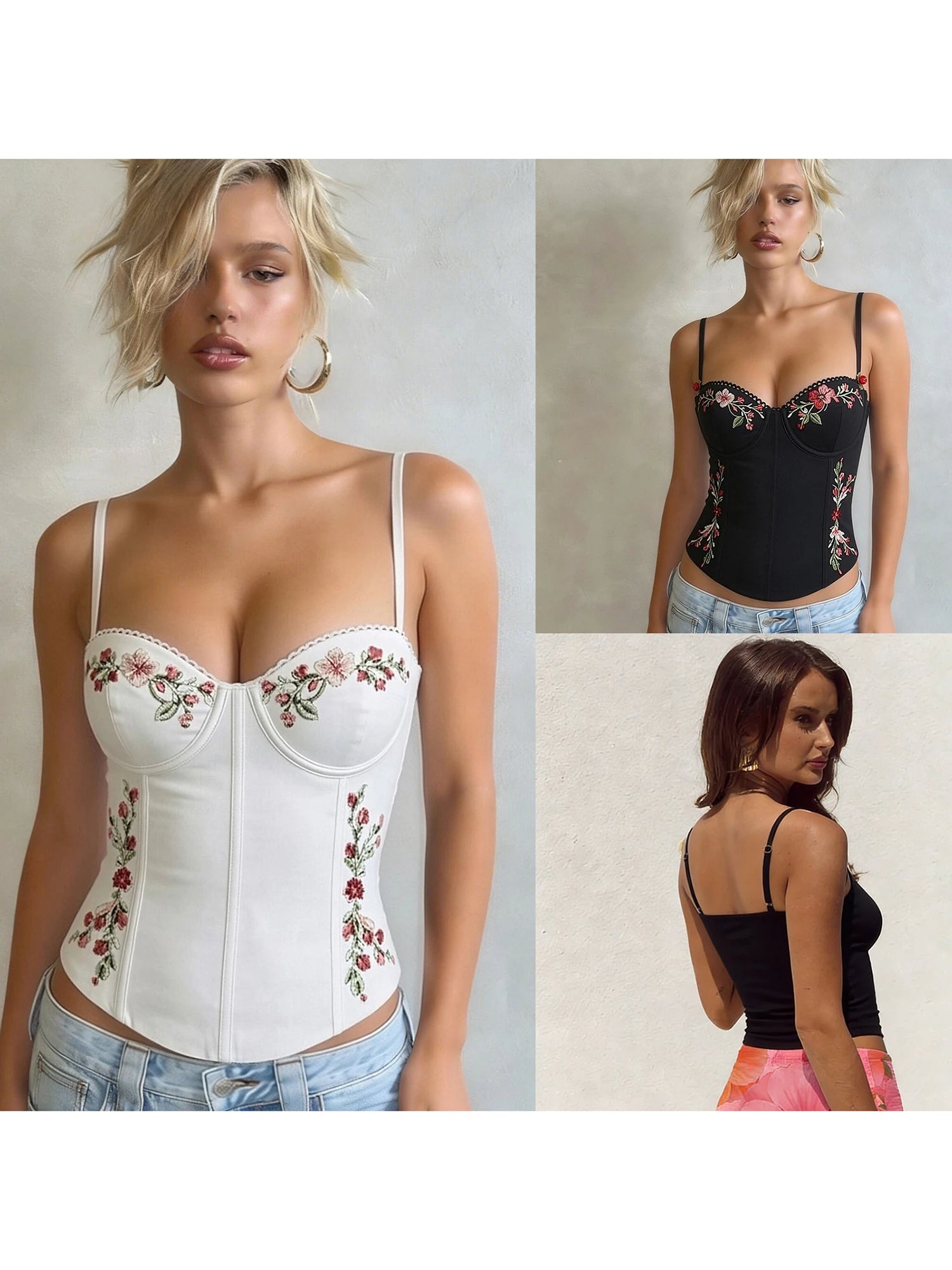 Floral Embroidered Slim Fit Spaghetti Strap Camisole Top