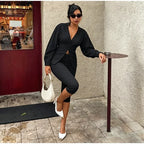 Sleek Blazer Capri Set For Women V Neck Jacket With Matching Pants