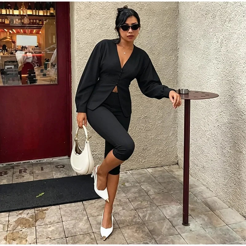 Sleek Blazer Capri Set For Women V Neck Jacket With Matching Pants