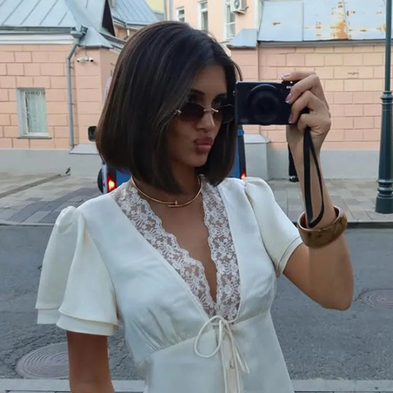 Lace Splicing Female Chic Bow Lace-up V Neck Short Sleeve Shirt