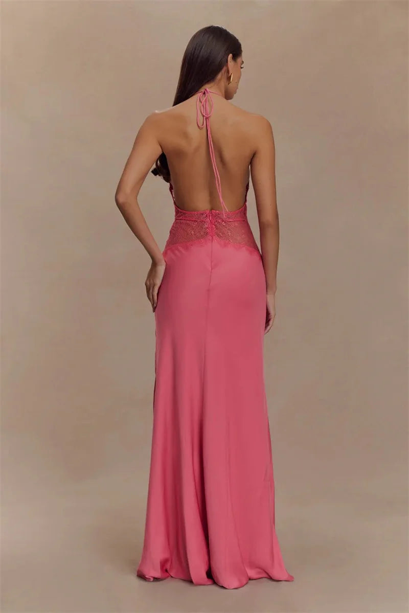 Backless Maxi Gown With Patchwork Lace Halter Neck Deep V And High Waist Elegance