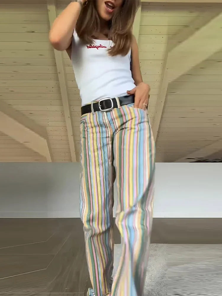 Vivid Multicolor Stripe Wide Leg Jeans With Pockets Low Waist Denim Trousers