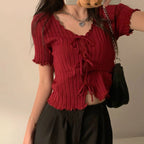 Soft Knit V Neck Cropped Ribbed Short Sleeve Tee