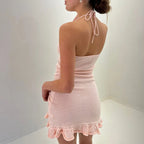 Coquette Flower Trim Bodycon Dress With Halter Tie Up Backless Sleeveless Ruffled Hem Mini