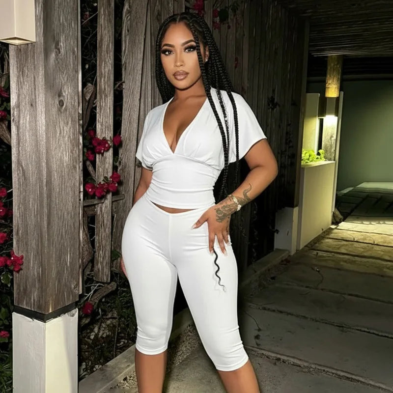 Two Piece Solid Color Set With Deep V Neck Ruched Crop Top And Capri Pants