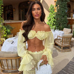 Women Fashion Yellow Off Shoulder Ruffled Two Piece Set Long Sleeve Crop Top Tiered Maxi Skirt