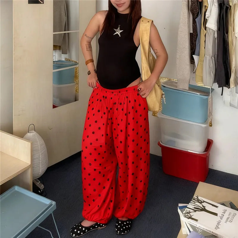 Polka Dot Wide Leg Pants For Women With Elastic Waist Trousers