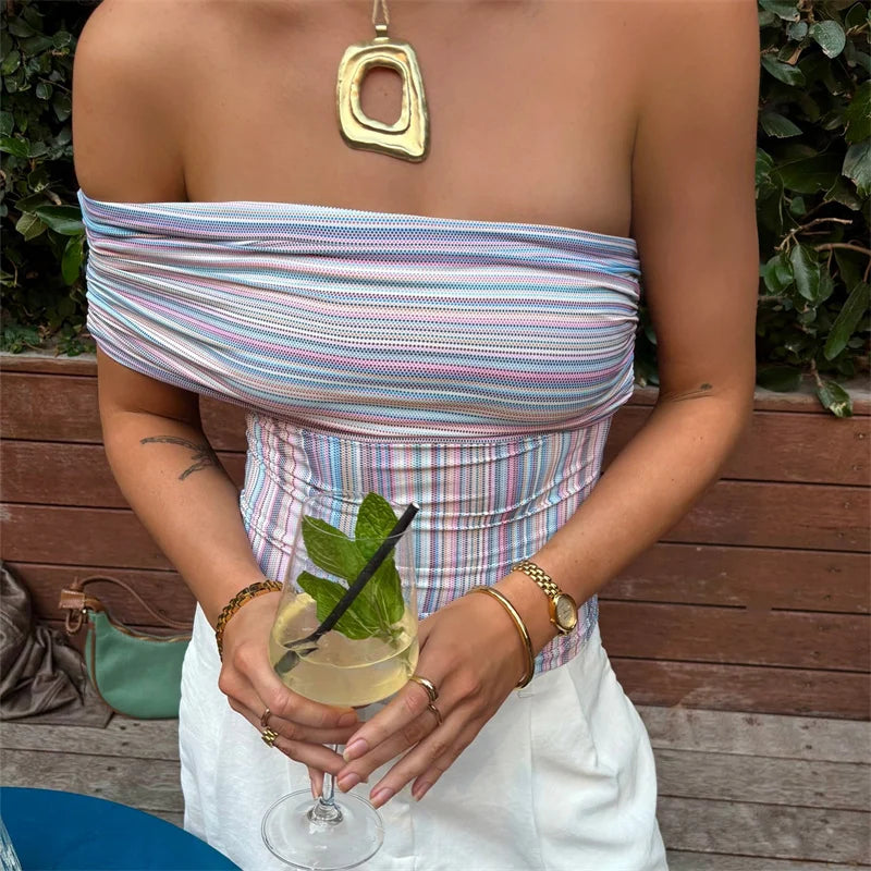 Off Shoulder Striped Tube Top With Ruched Detail Slim Fit Crop Blouse
