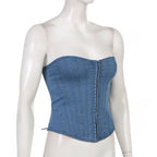 Off Shoulder Denim Corset Tank Top With Lace Up Back Hollow Detail Slim Bustier Camisole