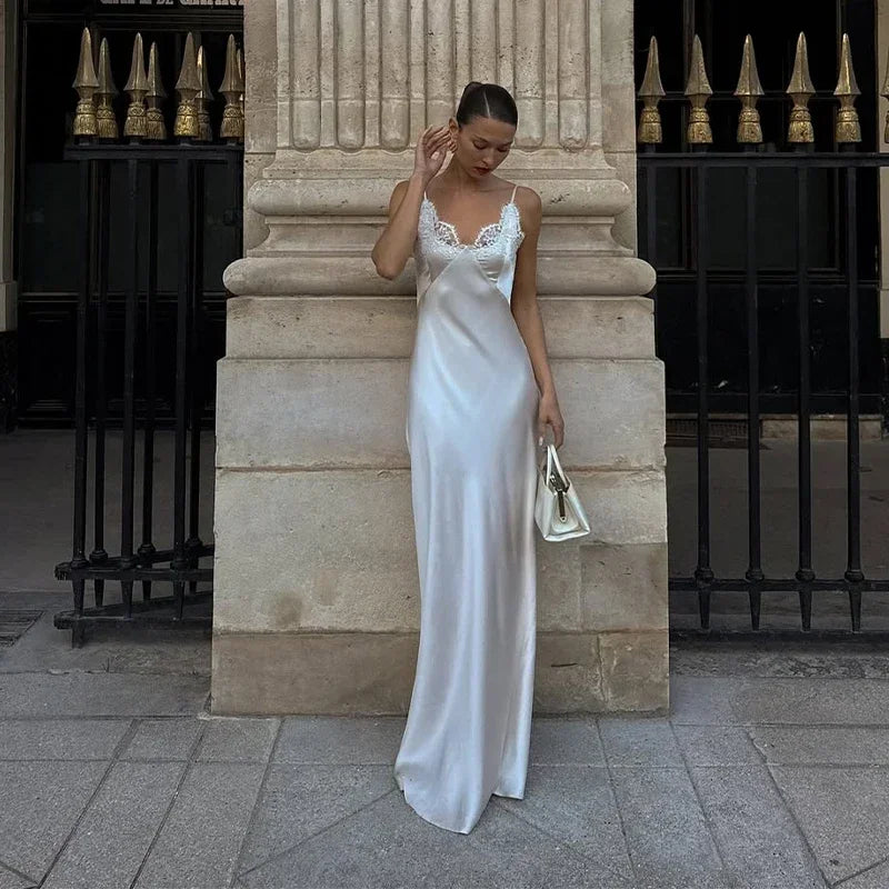 V-Neck Satin Sling Maxi Dress With Lace Patchwork Backless Evening Gown