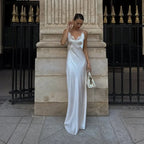 V-Neck Satin Sling Maxi Dress With Lace Patchwork Backless Evening Gown