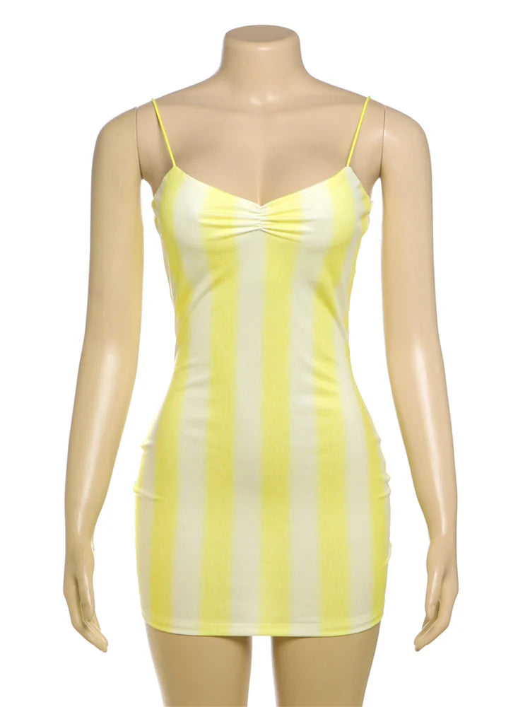 Striped Spaghetti Strap Dress With Pleated Backless Mini Bodycon