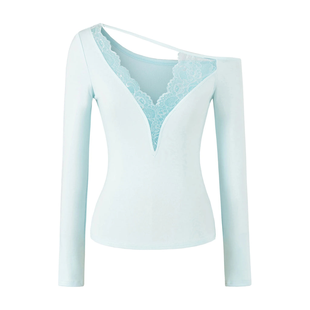 Lace Splice Long Sleeve Vneck Top For Night Out Chic