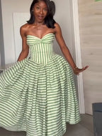 Striped Strapless Maxi Dress With Lace Up Waist Cinching Backless Gown