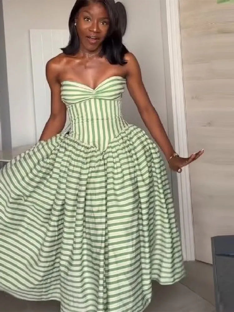 Striped Strapless Maxi Dress With Lace Up Waist Cinching Backless Gown