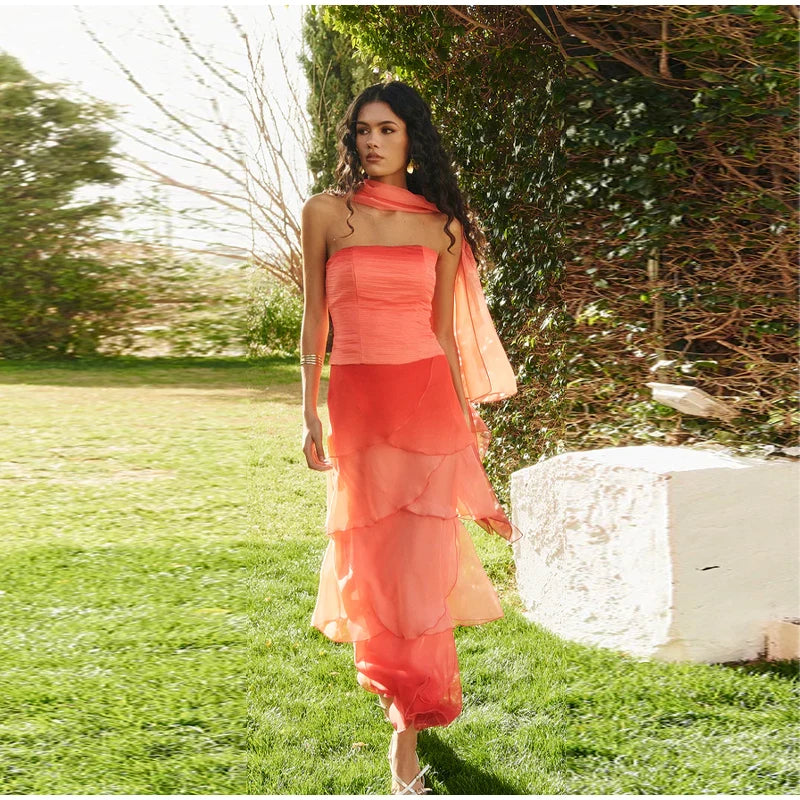 Gradient Flowy Chiffon Three Piece Set With Tube Top Tiered Skirt And Sheer Scarf