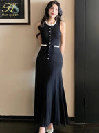 Floral Pearl Knit Maxi Dress Sleeveless O-Neck With Pleated Details