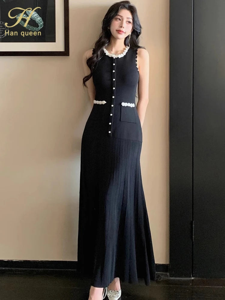 Floral Pearl Knit Maxi Dress Sleeveless O-Neck With Pleated Details