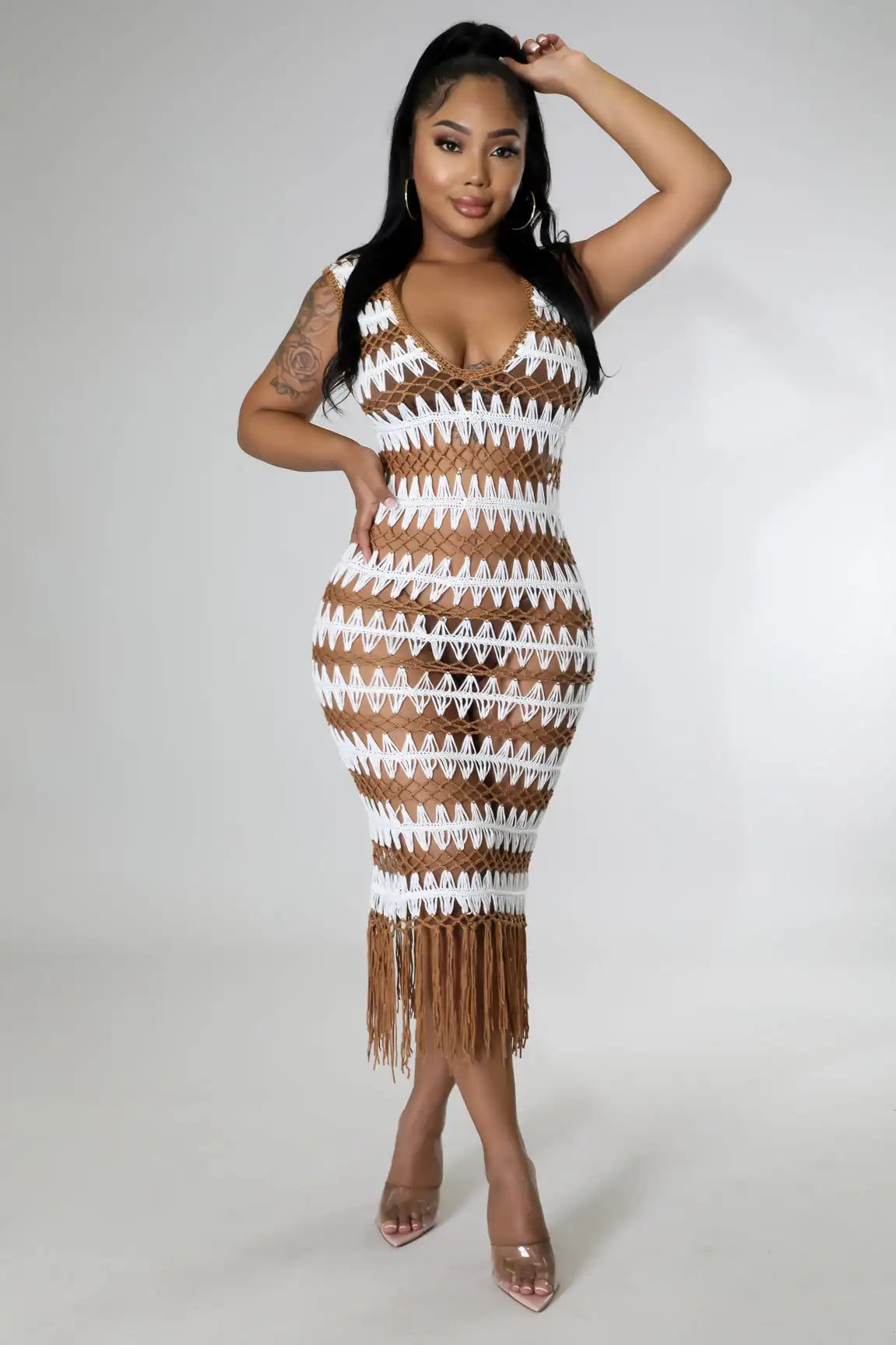 Plus Size Striped Crochet Midi Dress With V Neck Fringe Hem Sheer Beach Cover Up