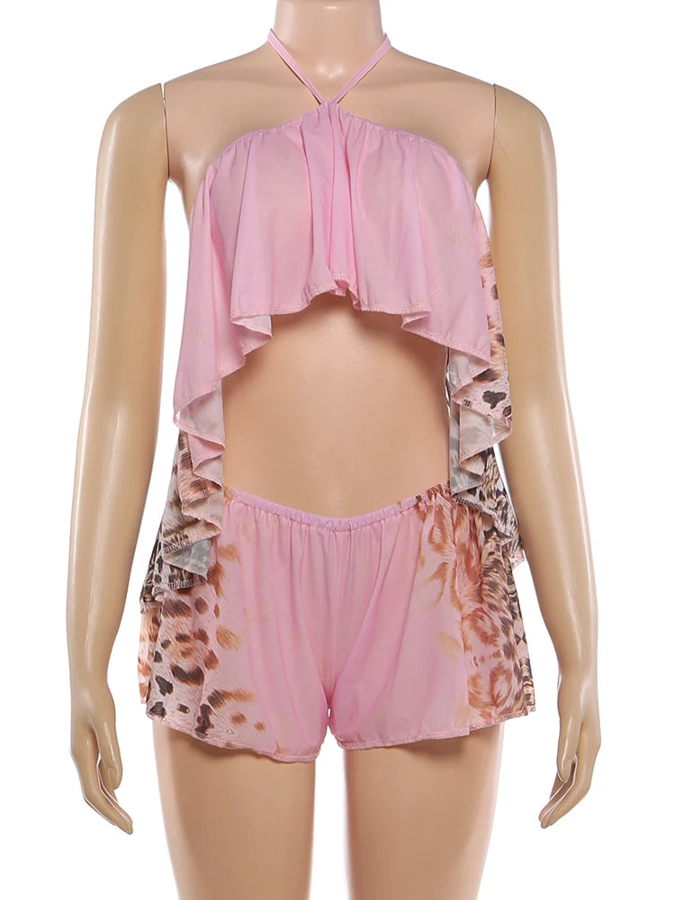 Vivid Beach Two Piece Set With Backless Halter Camisole And Shorts