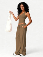 Two Piece Set With Sleek V Neck Tank Backless Detail And Wide Leg Pants