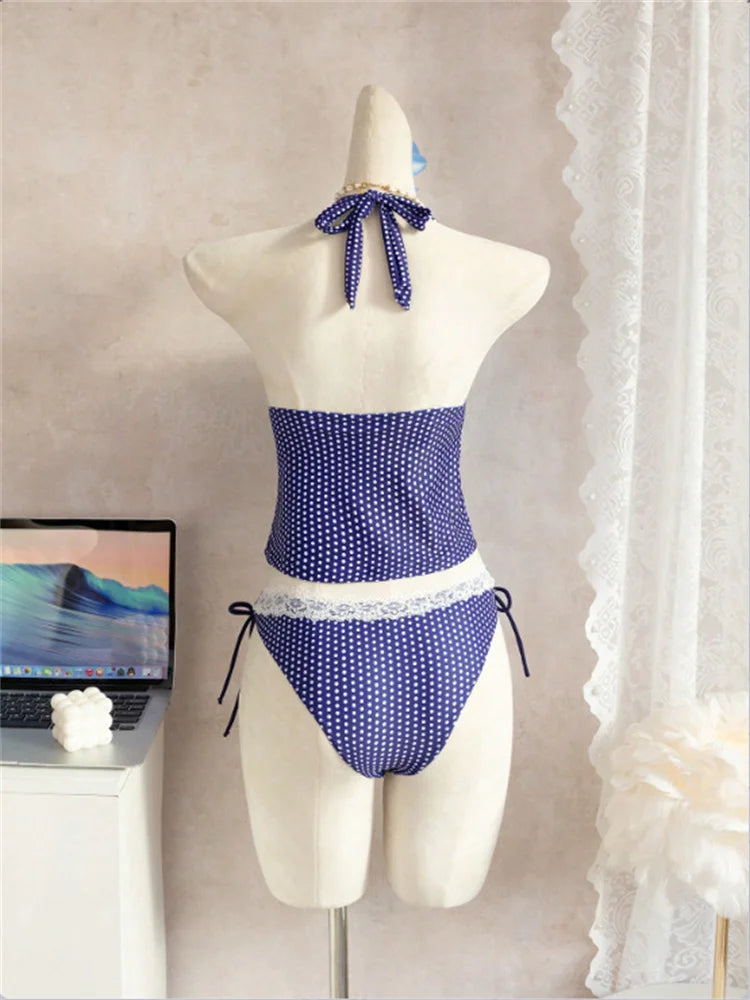 Blue Polka Dot Bikini Set With Lace Trim V Neck Tank Top And Tie Side Thong Bottom For Summer Beach Days