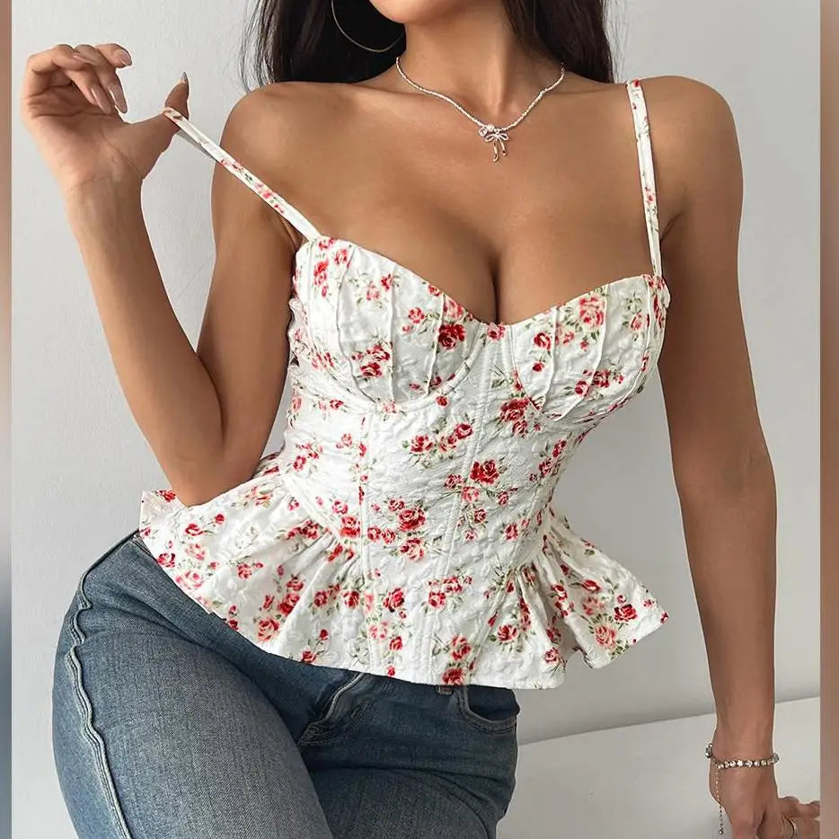 Floral Print Coquette Crop Corset Top With Spaghetti Straps And Ruffle Hem