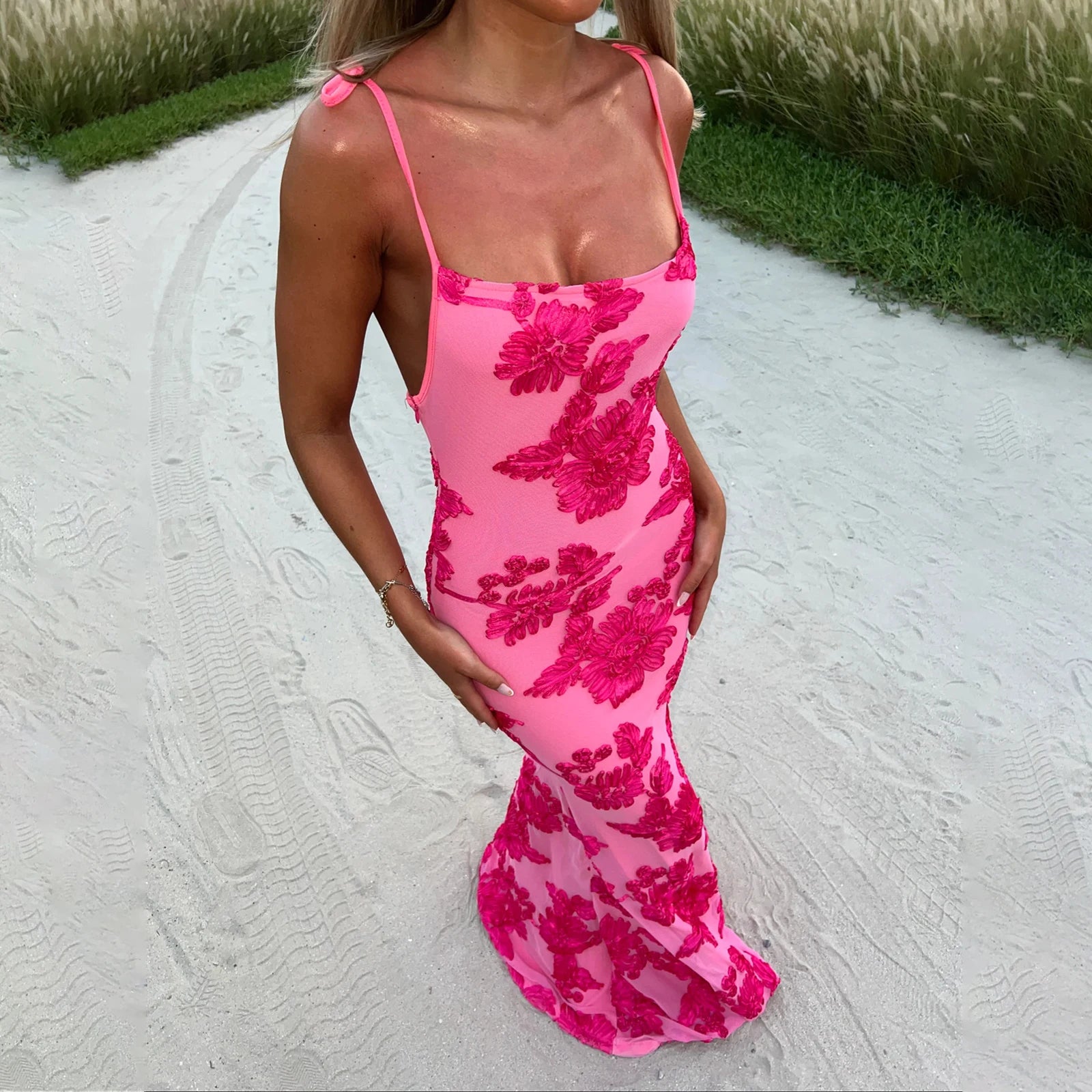 Women Thin Shoulder Straps Tied Long Cami Dress Sleeveless Low Cut Tie Up Flower Embroidery Mermaid Sundress