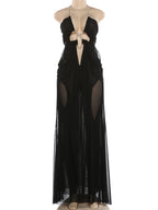 Backless Mesh Beach Dress With Halter Chain Deep V Ruched