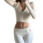 Ribbed Knit Two Piece Tracksuit Set With Hooded Crop Top And Elastic Zippered Pants