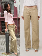 Khaki-colored Washed Low-rise Denim Pants with Rolled Cuffs and Straight-leg Design