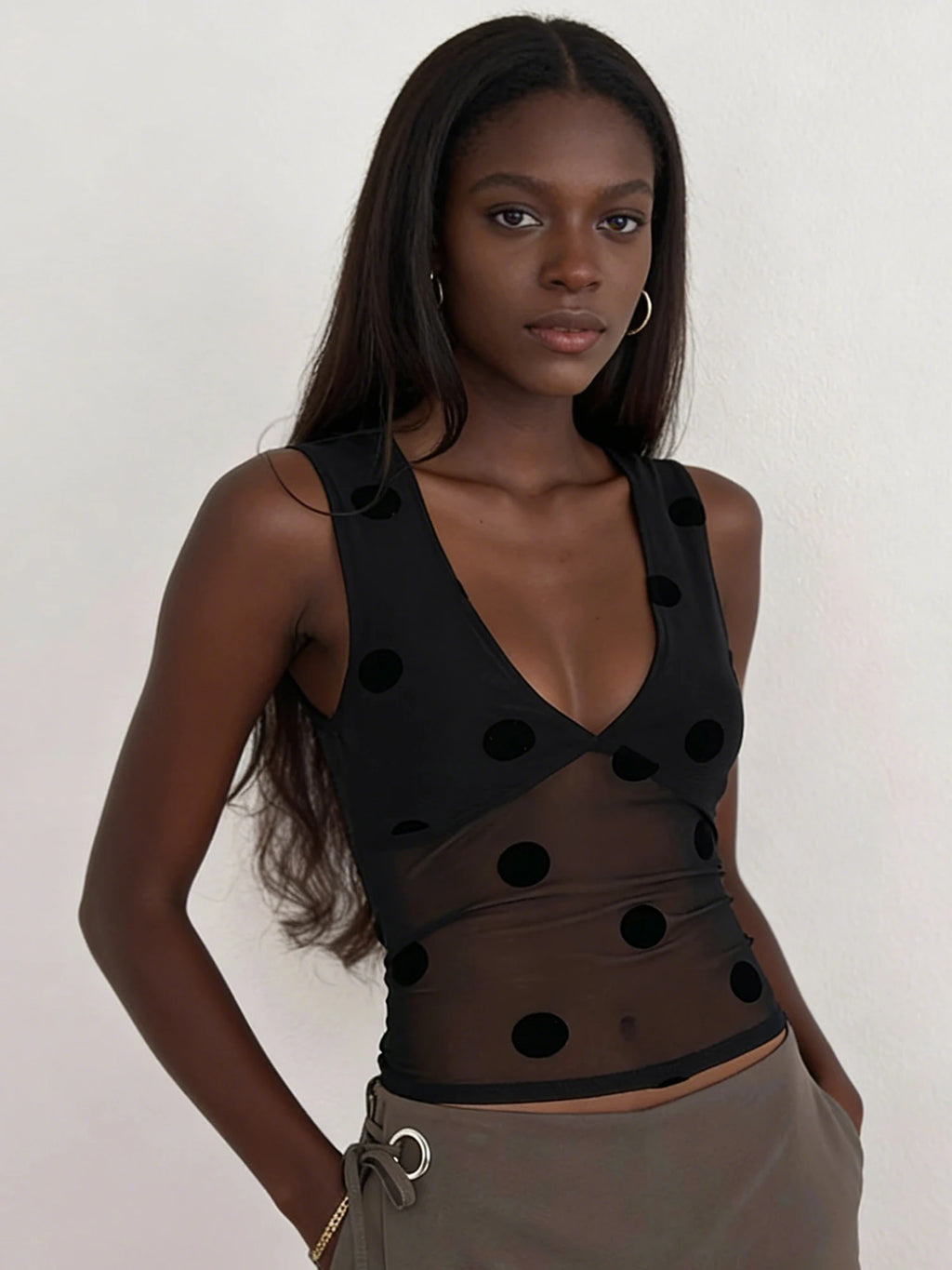Polka Dot Sheer Mesh Crop Top With Sequins For Women Flirty Tank Blouse Shimmering Lightweight